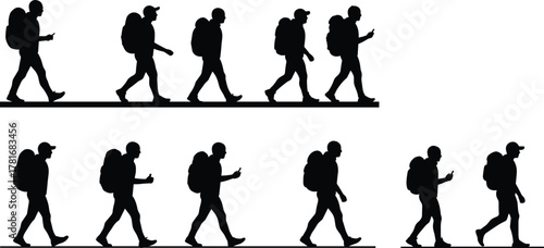 Silhouette walking cycle animation, human motion study, backpack traveler gait sequence, biomechanics reference, profile view walking loop, character movement frames, visual storytelling asset