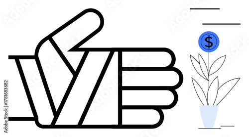 Bold thumbs-up hand outline next to a potted plant with a dollar coin as its flower. Ideal for finance, success, investment, business growth, motivation, productivity, simple flat metaphor