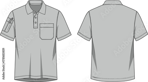 Men short sleeve polo shirt front and back view with pocket and pen holder, casual wear apparel, fashion flat vector illustration