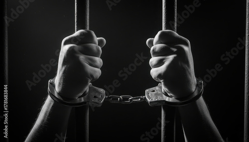 Close-up of handcuffed hands gripping prison bars in a dark, somber setting, symbolizing confinement and justice.