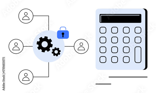 Connected users, gears, lock, and calculator emphasize teamwork, secure financial data management, automation, and integration. Ideal for business, technology security finance project management