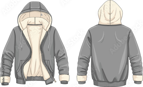 Modern fleece lined hoodie front and back view, warm winter jacket design, cozy fashion apparel, unisex clothing template, CAD vector illustration