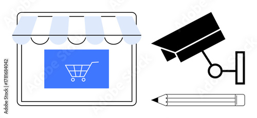 Shopfront with shopping cart icon, surveillance camera, and pencil outline. Ideal for retail, e-commerce, security, design, technology safety and innovation themes. A simple flat metaphor