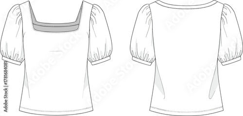 Women square neck puff sleeve blouse front and back view, short sleeve top fashion design, trendy female clothing, vector illustration