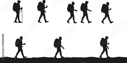 Silhouette, hiker, walking, backpack, trekking, outdoor, motion, animation, hiking poles, terrain, profile, sequence, biomechanics, adventure, travel, nature, sport, exercise, journey, vector,