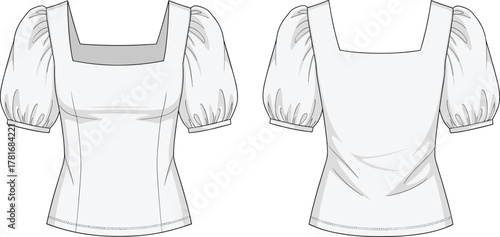 Women square neck puff sleeve fitted blouse front and back view, elegant fashion top design, trendy clothing vector illustration
