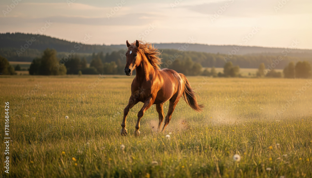 Fototapeta premium A majestic brown horse gallops freely through a sunlit green meadow at golden hour, with rolling hills in the background.