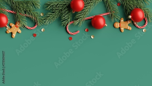 christmas flat lay, gingerbread, candy cane ornaments on green background. 3d rendering