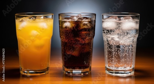 Three glasses of refreshing cold drinks with ice cubes orange juice, cola, and sparkling water, on a wooden surface