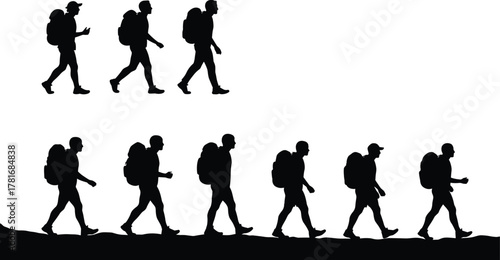 Silhouettes of hikers walking, trekking group on trail, outdoor adventure journey, backpacking people in motion, nature exploration, wilderness travel, scenic hike, active lifestyle