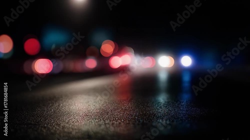 Vibrant Night Scene with Police Lights and Reflections on Wet Road