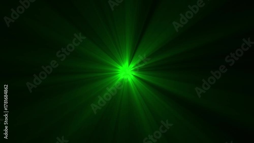 Centered green light rays on black and background. Heaven light animation from center. Dynamic light rays footage. Shining star and light rays motion graphics on black screen