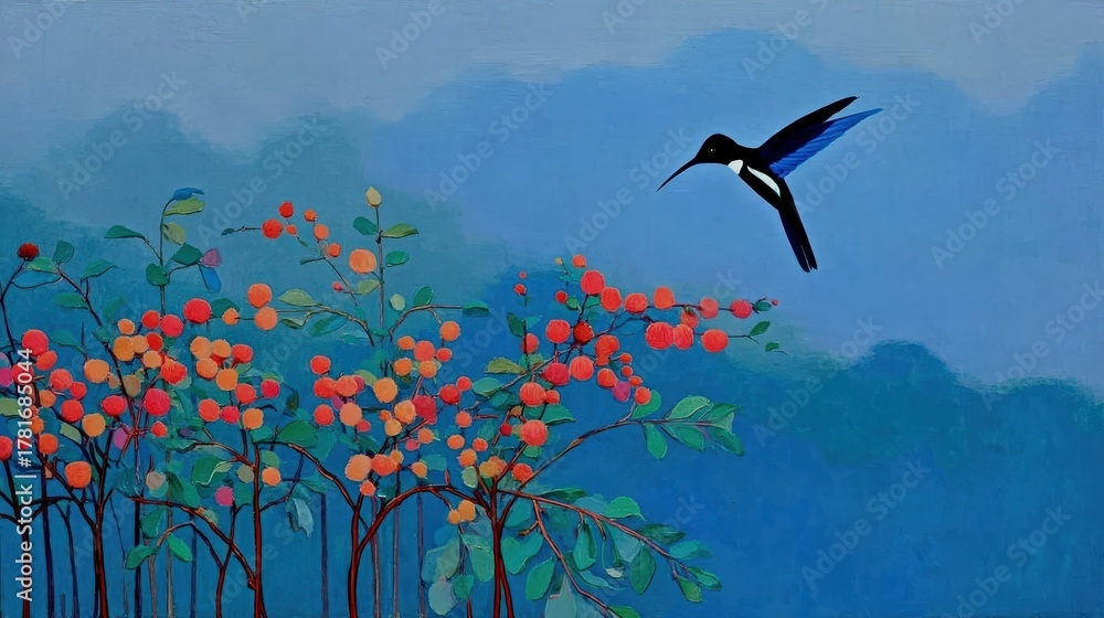 Fototapeta premium Vibrant Artistic Hummingbird Hovering Over Colorful Berry Bushes Against a Serene Blue Sky Background in Nature-Inspired Painting