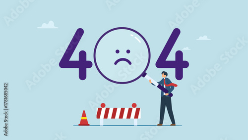 Vector illustration of a man looking at website message through magnifying glass and error code. 404 error page or file not found for web page.	