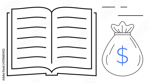 Opened book with blank pages alongside money bag. Ideal for finance, education, investment, knowledge value, financial goals, savings, literacy advocacy, simple flat metaphor