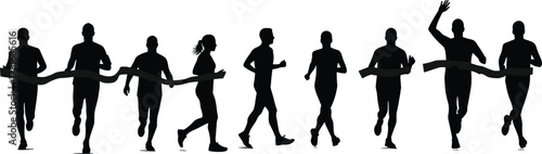 Silhouettes of runners crossing finish line, athletic competition, race victory, sports achievement, marathon event, fitness challenge, teamwork, celebration, motion, endurance, goal, success