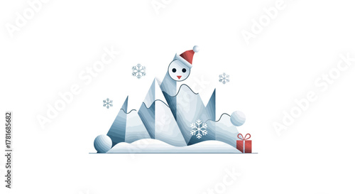 Festive winter scene with snow-covered mountains, whimsical snowman wearing Santa hat, snowflakes, and gift box perfect for holiday promotions