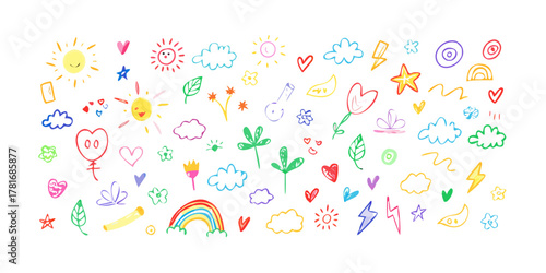 Colorful childrens drawings of sun, heart, rainbow
