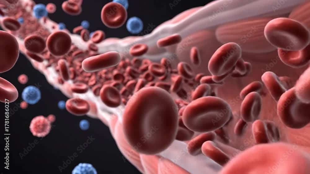 Microscopic view of red and white blood cells flowing through a blood ...
