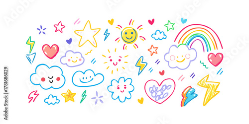 Cute doodle set with sun, rainbow, heart, star