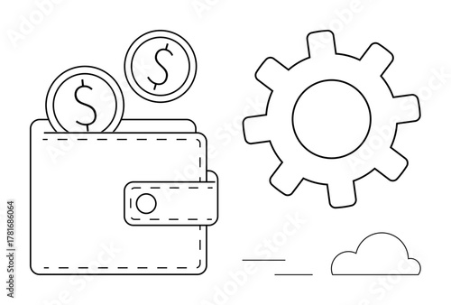 Wallet with coins, gear symbol, minimal aesthetic. Ideal for finance, savings, budgeting, investment, automation innovation fintech. Clean simple flat metaphor