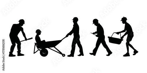 Silhouettes of construction workers with wheelbarrows