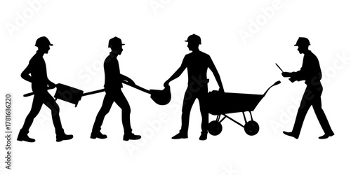 Silhouettes of construction workers in action