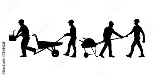 Silhouette of construction workers carrying tools and wheelbarrows on site