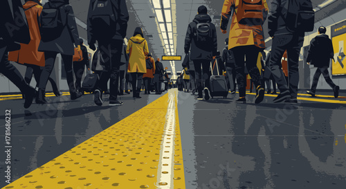 A bustling underground subway station platform is filled with anonymous commuters walking towards their destinations, highlighting the constant flow of urban public transport.