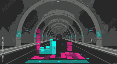 A dynamic digital equalizer with vibrant pink and cyan bars illuminates a futuristic, stylized tunnel, suggesting data flow or an immersive abstract experience.