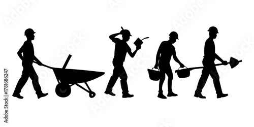 Silhouettes of construction workers with tools