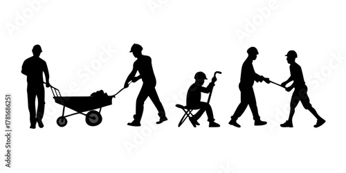 Silhouette of construction workers doing different jobs