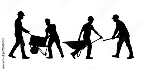 Silhouettes of construction workers with wheelbarrows