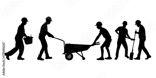Silhouettes of construction workers with wheelbarrows