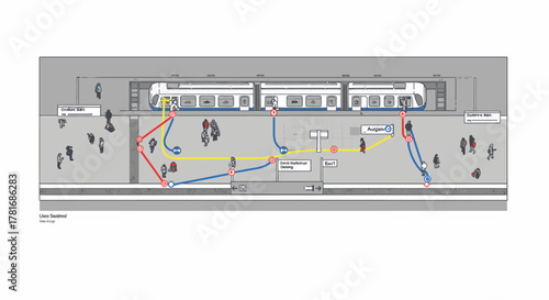 A comprehensive schematic view of a busy urban train station platform, showcasing passenger movement dynamics and infrastructure layout for efficient transit.