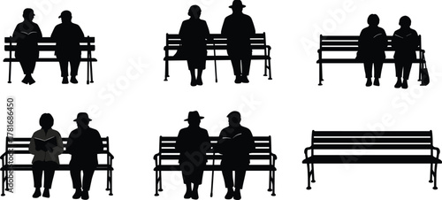 Silhouettes, people, benches, sitting, public, park, urban, lifestyle, casual, interaction, diversity, outdoor, relaxation, social, space, city, mood, design, concept, figures, empty
