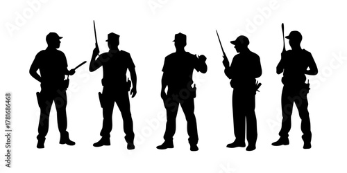 Silhouettes of police officers standing