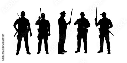 Silhouette of police officers with batons and radios