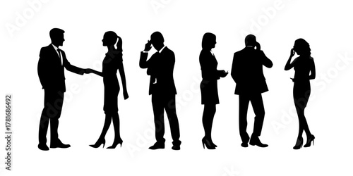 Silhouette of business people shaking hands and talking on phone isolated on white
