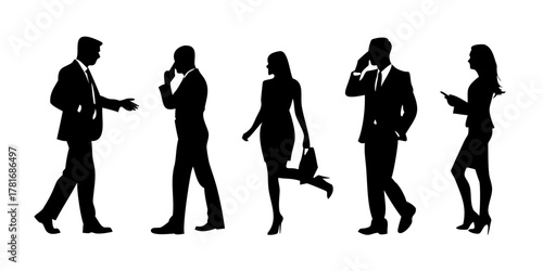 Silhouettes of business people walking and talking