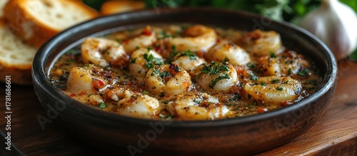 Garlic Shrimp Scampi in a rustic bowl with crusty bread.