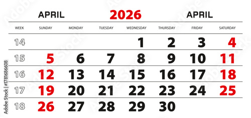 Wall calendar 2026 for april, week start from sunday.