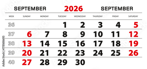Wall calendar 2026 for september, week start from sunday.