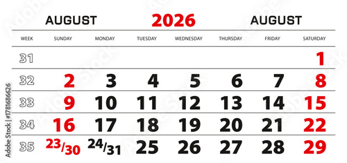 Wall calendar 2026 for august, week start from sunday.