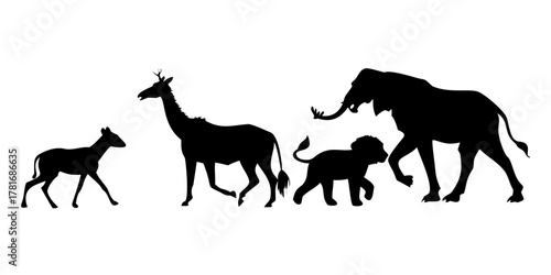 Silhouette of a deer, giraffe, lion, and elephant