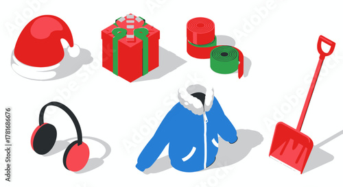 Winter Holiday Gear and Attire Isometric Seasonal Icons for Festive Designs