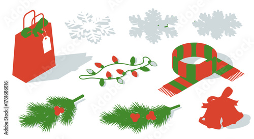 Christmas Gift, Scarf, Lights, Spruce Branches, and Bells Isometric Still Life