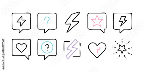 Hand drawn speech bubbles with lightning, heart, star, and question marks