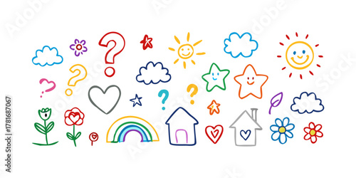 Colorful hand drawn kids doodles with rainbow, sun, cloud, and flowers