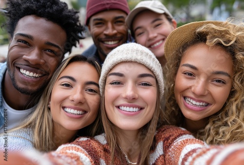 a group of multiethnic friends taking a selfie together outdoors, smiling and laughing with their arms around each other's shoulders, looking at the camera